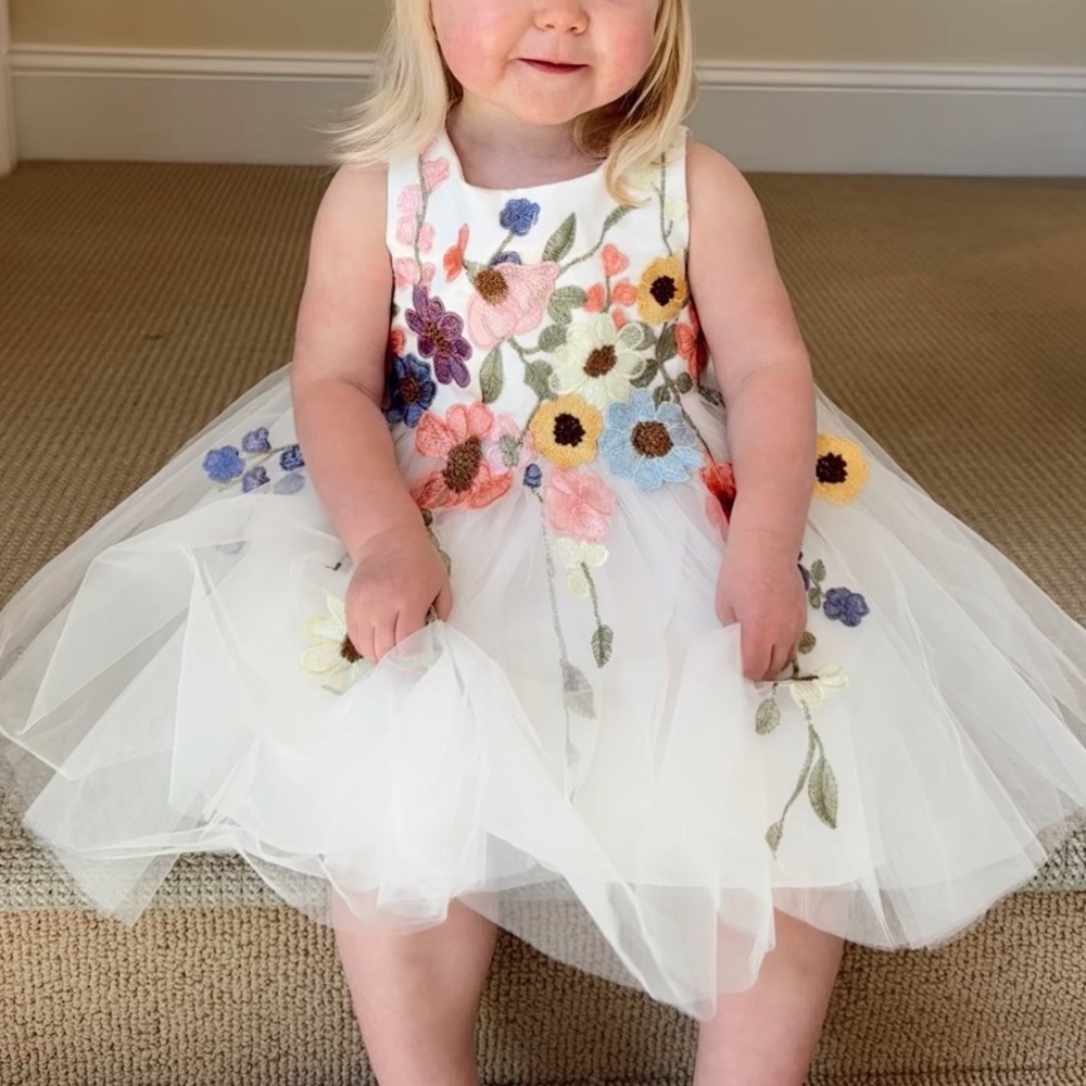Azazie Floral Embroidered Kids Dress - White and Multicolor